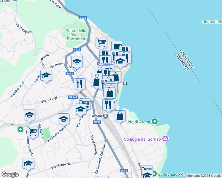 map of restaurants, bars, coffee shops, grocery stores, and more near 78 Corso della Repubblica in Arona