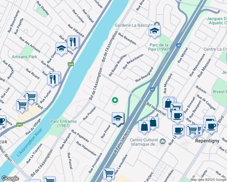 map of restaurants, bars, coffee shops, grocery stores, and more near 749 Rue Pigalle in Repentigny