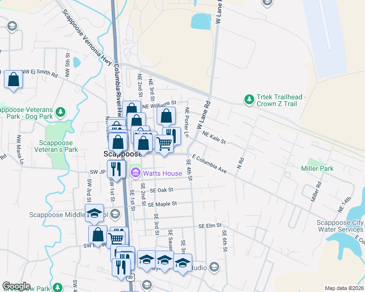map of restaurants, bars, coffee shops, grocery stores, and more near 33753 Northeast Hart Court in Scappoose