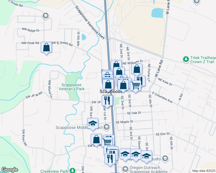 map of restaurants, bars, coffee shops, grocery stores, and more near in Scappoose
