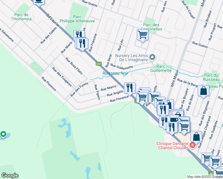 map of restaurants, bars, coffee shops, grocery stores, and more near 6050 Rue Marco in Terrebonne