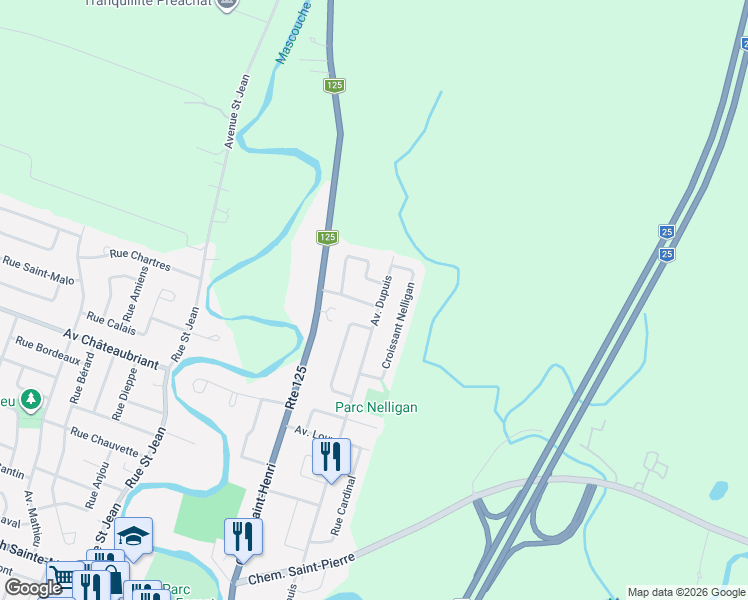 map of restaurants, bars, coffee shops, grocery stores, and more near 1488 Avenue Dupuis in Mascouche