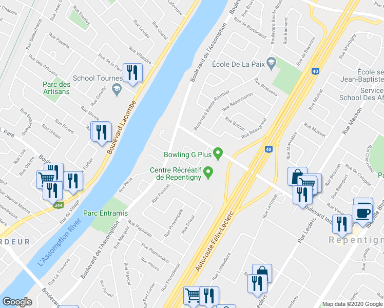 map of restaurants, bars, coffee shops, grocery stores, and more near 256 Rue de Pigalle in Repentigny