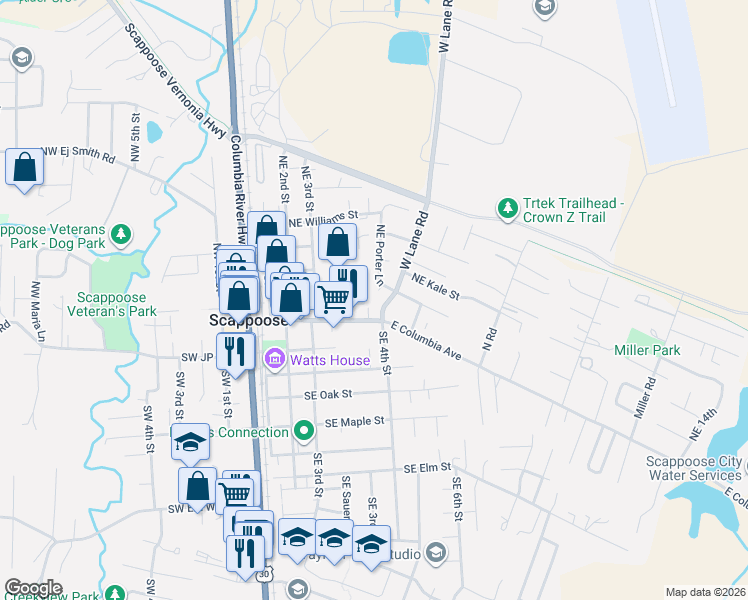 map of restaurants, bars, coffee shops, grocery stores, and more near 52609 Northeast Porter Lane in Scappoose