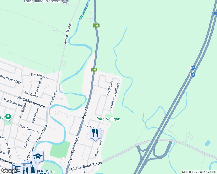 map of restaurants, bars, coffee shops, grocery stores, and more near 1492 Avenue Dupuis in Mascouche