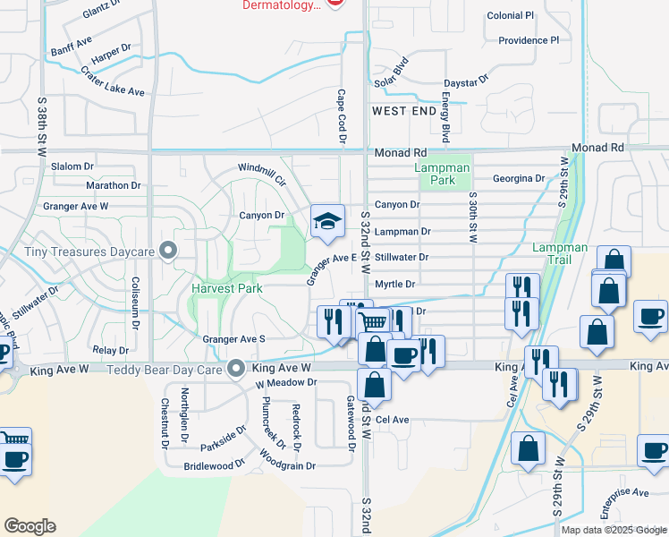 map of restaurants, bars, coffee shops, grocery stores, and more near 3231 Granger Avenue East in Billings