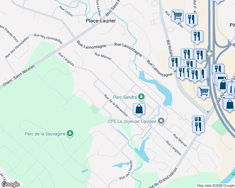 map of restaurants, bars, coffee shops, grocery stores, and more near 1080 Rue Langlois in Saint-Jérôme