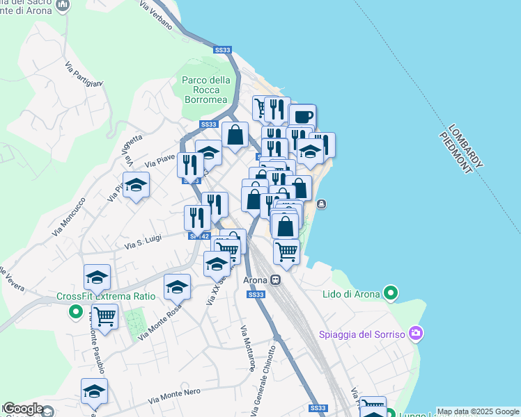 map of restaurants, bars, coffee shops, grocery stores, and more near in Arona