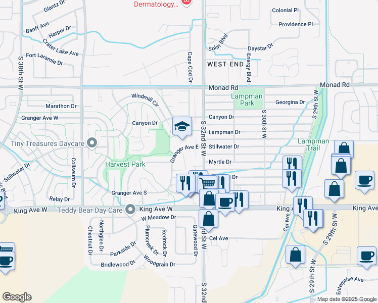 map of restaurants, bars, coffee shops, grocery stores, and more near 3231 Granger Avenue East in Billings