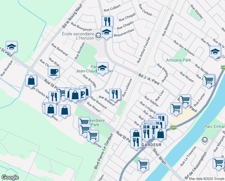 map of restaurants, bars, coffee shops, grocery stores, and more near 500 Rue Boniface in Repentigny