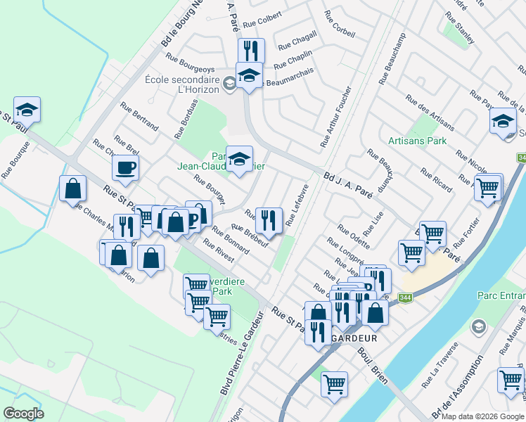 map of restaurants, bars, coffee shops, grocery stores, and more near 500 Rue Boniface in Repentigny