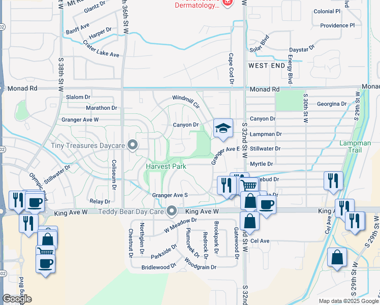 map of restaurants, bars, coffee shops, grocery stores, and more near Unnamed Road in Billings