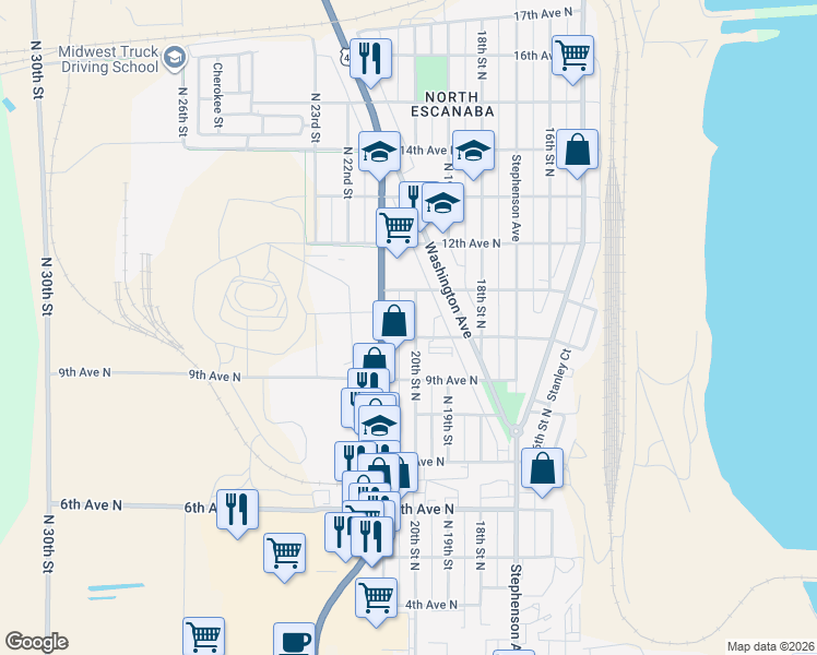 map of restaurants, bars, coffee shops, grocery stores, and more near 1007 20th Street North in Escanaba
