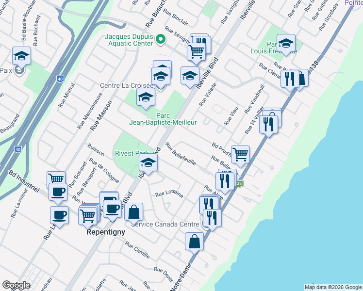 map of restaurants, bars, coffee shops, grocery stores, and more near 53 Rue Belleville in Repentigny
