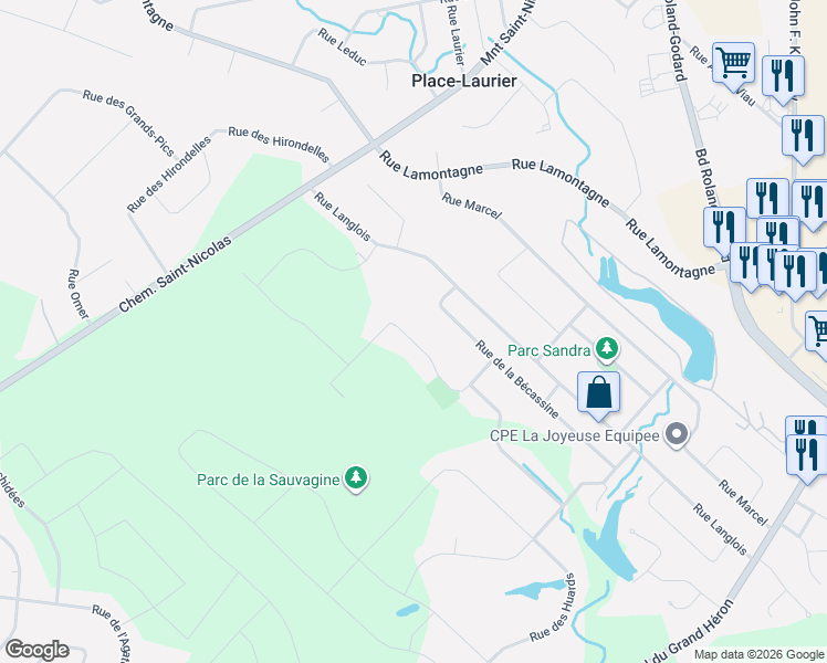 map of restaurants, bars, coffee shops, grocery stores, and more near 1114 Rue du Geai-Bleu in Saint-Jérôme