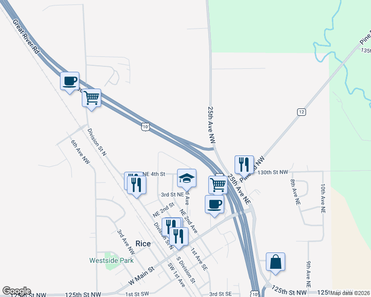 map of restaurants, bars, coffee shops, grocery stores, and more near Highway 10 Northwest in Rice