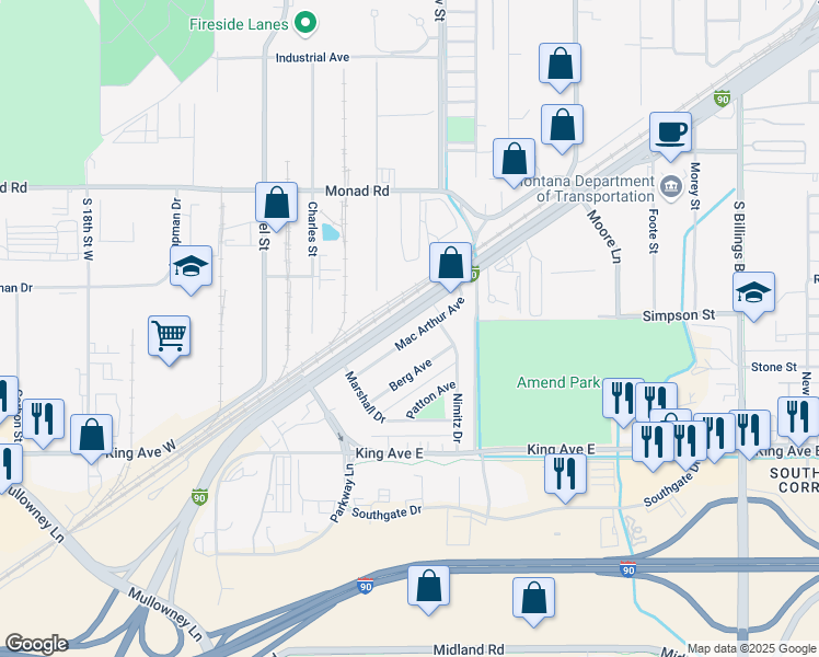 map of restaurants, bars, coffee shops, grocery stores, and more near 5223-5399 Laurel Road in Billings