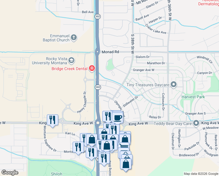 map of restaurants, bars, coffee shops, grocery stores, and more near 3948-3998 Decathlon Parkway in Billings