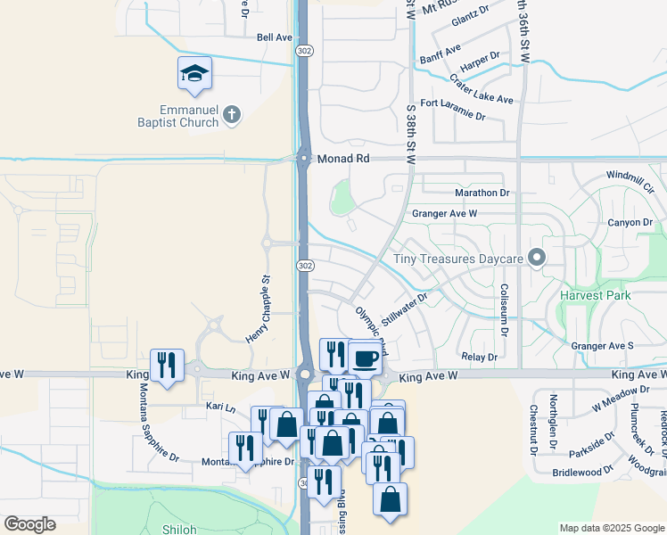 map of restaurants, bars, coffee shops, grocery stores, and more near 3948-3998 Decathlon Parkway in Billings