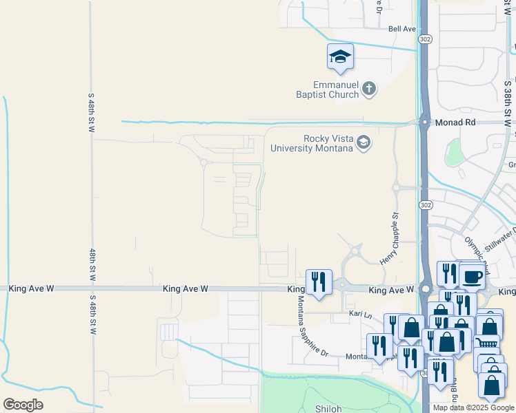 map of restaurants, bars, coffee shops, grocery stores, and more near 485 South 44th Street West in Billings