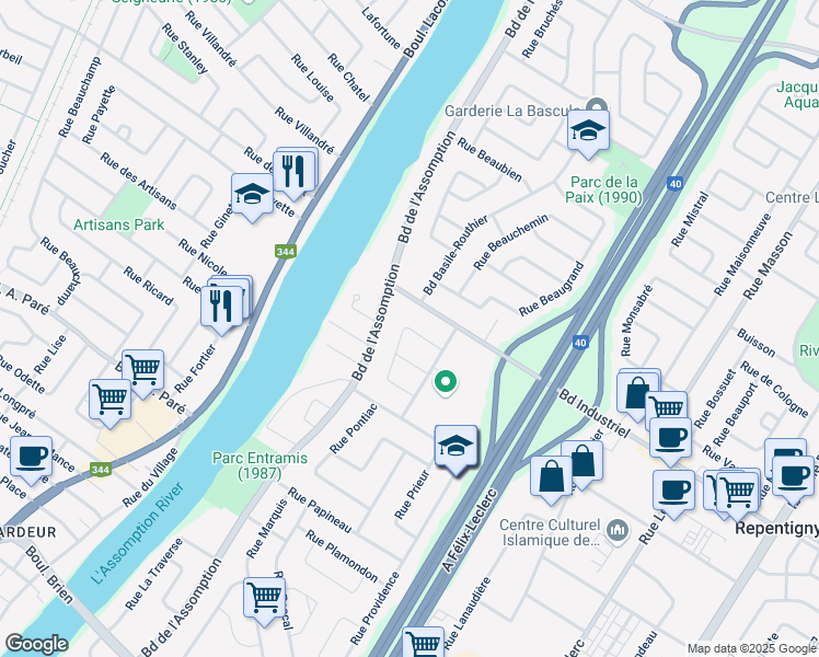 map of restaurants, bars, coffee shops, grocery stores, and more near Rue de Pigalle in Repentigny