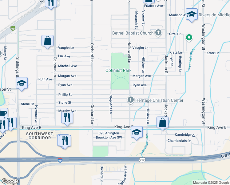 map of restaurants, bars, coffee shops, grocery stores, and more near 4239 Phillip Street in Billings