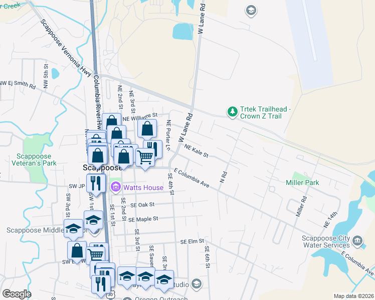 map of restaurants, bars, coffee shops, grocery stores, and more near 33816 Northeast Kale Street in Scappoose