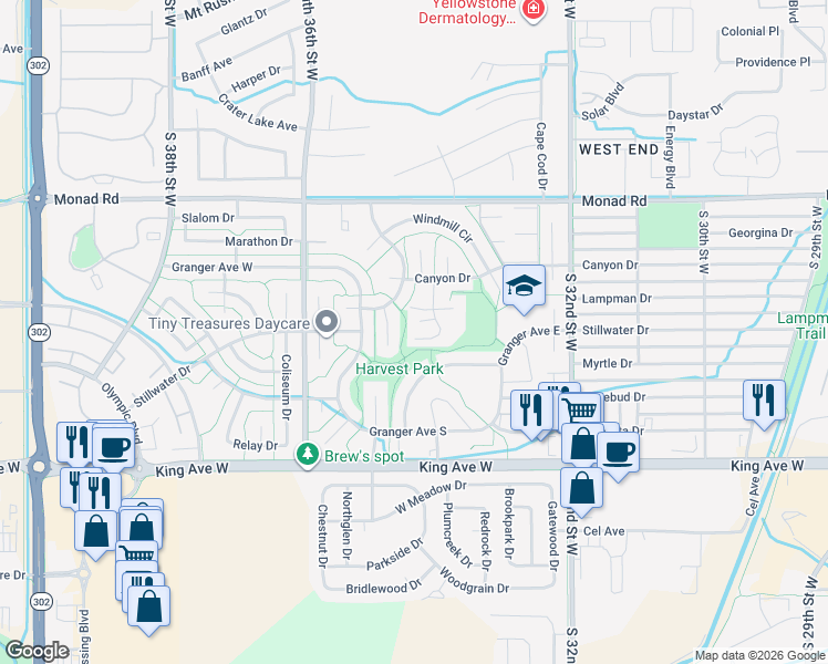 map of restaurants, bars, coffee shops, grocery stores, and more near 3390 Canyon Drive in Billings