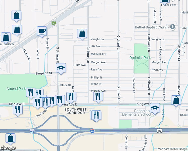 map of restaurants, bars, coffee shops, grocery stores, and more near 4531 Phillip Street in Billings
