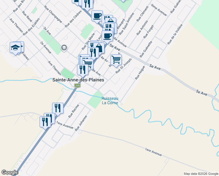 map of restaurants, bars, coffee shops, grocery stores, and more near 257 2e Avenue in Sainte-Anne-des-Plaines