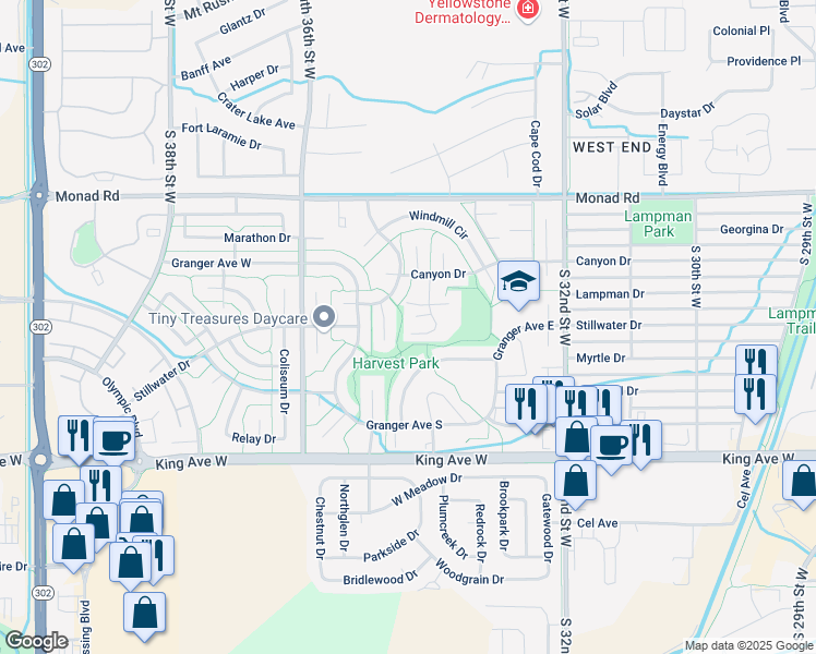 map of restaurants, bars, coffee shops, grocery stores, and more near 3390 Canyon Drive in Billings