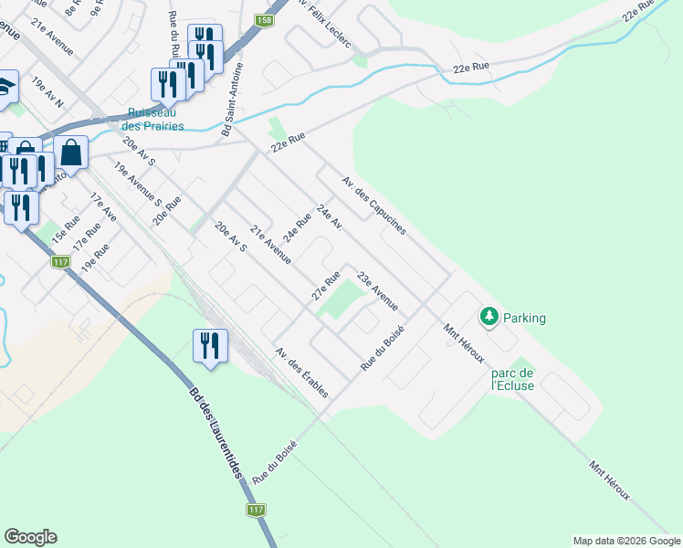 map of restaurants, bars, coffee shops, grocery stores, and more near 920 27e Rue in Saint-Jérôme