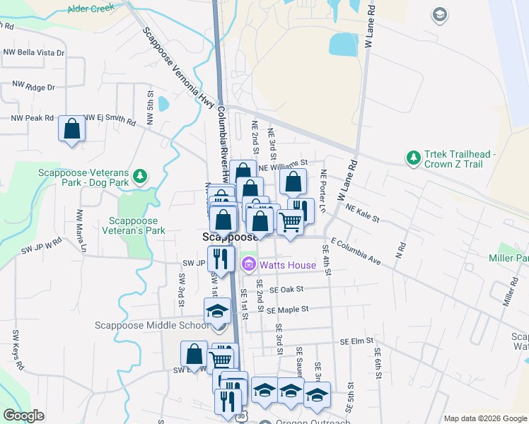map of restaurants, bars, coffee shops, grocery stores, and more near 52598 Northeast 2nd Street in Scappoose