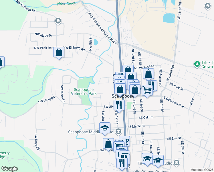 map of restaurants, bars, coffee shops, grocery stores, and more near 33049 Northwest Meersburg Street in Scappoose