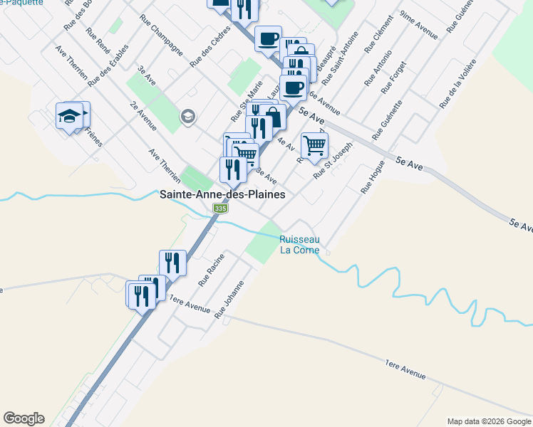 map of restaurants, bars, coffee shops, grocery stores, and more near 239 2e Avenue in Sainte-Anne-des-Plaines