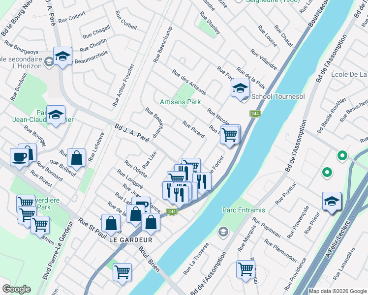 map of restaurants, bars, coffee shops, grocery stores, and more near 96 Rue Micheline in Repentigny