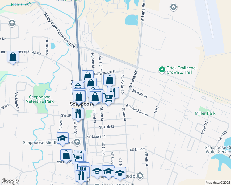 map of restaurants, bars, coffee shops, grocery stores, and more near 52628 Northeast Sawyer Street in Scappoose
