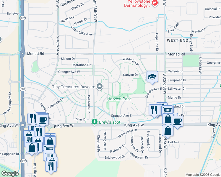 map of restaurants, bars, coffee shops, grocery stores, and more near 3567 Granger Avenue West in Billings