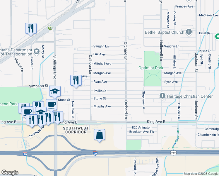map of restaurants, bars, coffee shops, grocery stores, and more near Simpson St in Billings