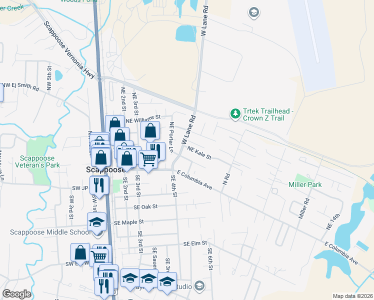 map of restaurants, bars, coffee shops, grocery stores, and more near 33816 Northeast Kale Street in Scappoose