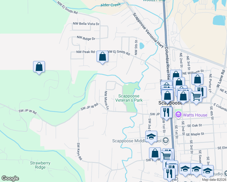 map of restaurants, bars, coffee shops, grocery stores, and more near 33094 Felisha Way in Scappoose