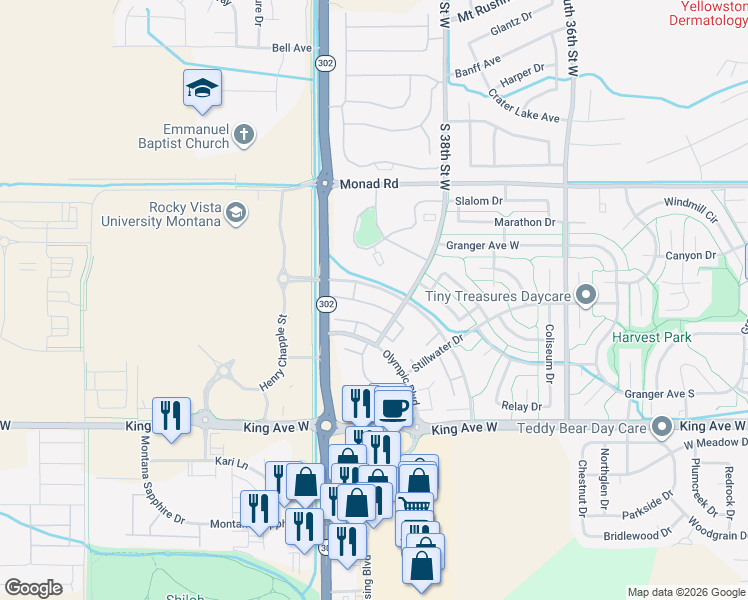 map of restaurants, bars, coffee shops, grocery stores, and more near 3920 Decathlon Parkway in Billings
