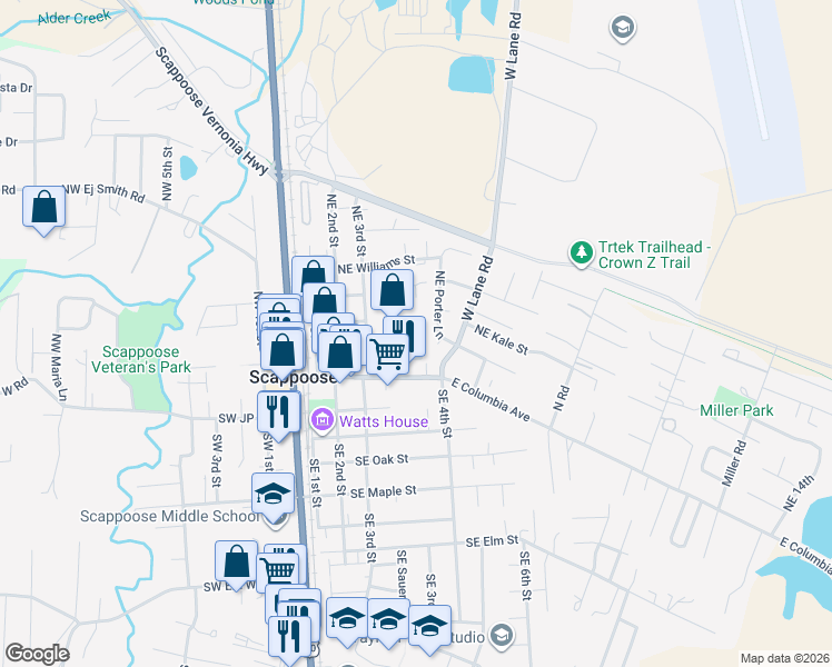 map of restaurants, bars, coffee shops, grocery stores, and more near 52628 Northeast Sawyer Street in Scappoose
