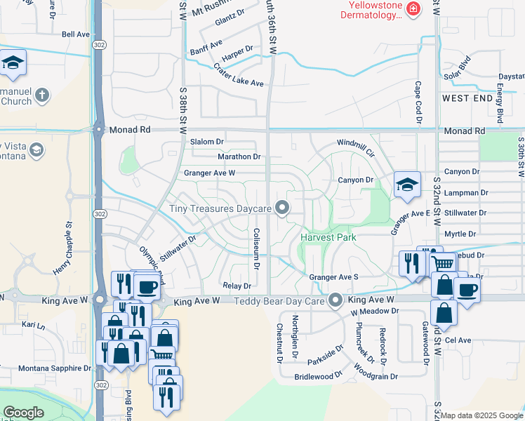 map of restaurants, bars, coffee shops, grocery stores, and more near 3601 Stillwater Drive in Billings