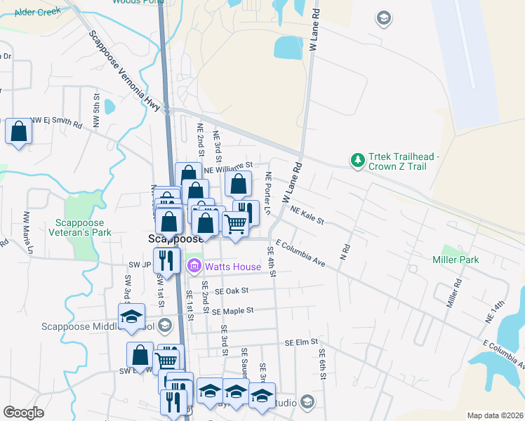 map of restaurants, bars, coffee shops, grocery stores, and more near 52609 Northeast Porter Lane in Scappoose