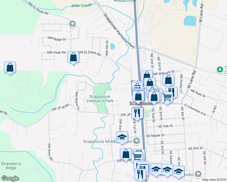 map of restaurants, bars, coffee shops, grocery stores, and more near 33014 Northwest Meersburg Street in Scappoose