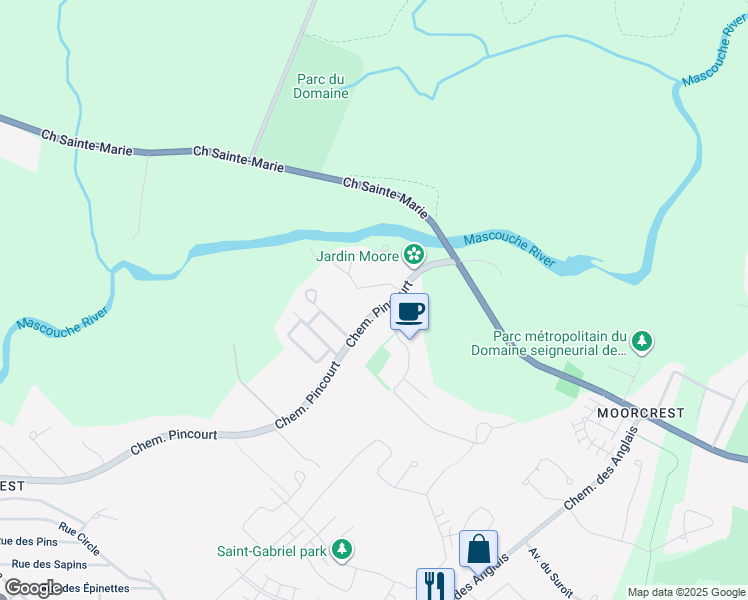 map of restaurants, bars, coffee shops, grocery stores, and more near 1393 Chemin Pincourt in Mascouche