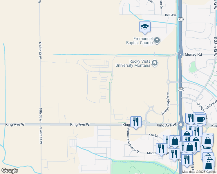map of restaurants, bars, coffee shops, grocery stores, and more near 4345 King Avenue West in Billings
