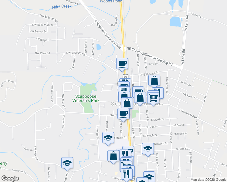 map of restaurants, bars, coffee shops, grocery stores, and more near 52636 Northwest 2nd Street in Scappoose
