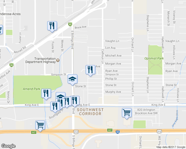 map of restaurants, bars, coffee shops, grocery stores, and more near Simpson Street in Billings